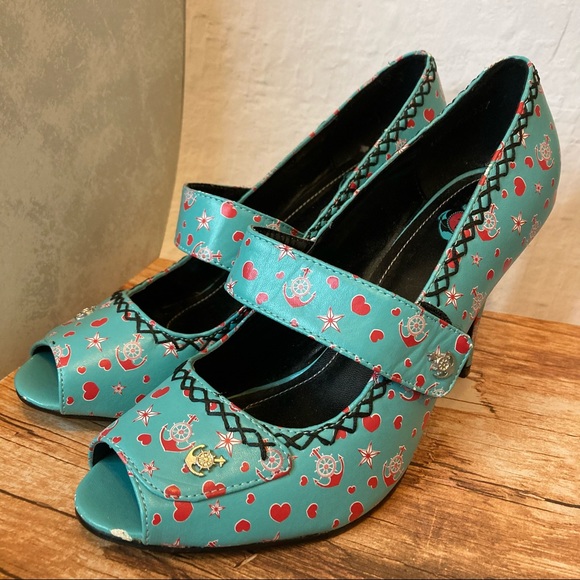 Tuk Rockabilly Heart Anchor Star Mary Jane Heels Blue Nautical Pin Up Pumps Red - Picture 2 of 10